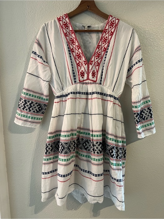 Joie Dresses & Skirts - Joie White Embroidered V-Neck Mini Dress with Red, Navy & Green Accents